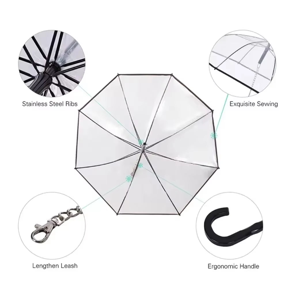 Clear Pet Dog Umbrellas with Leash C-Shape Handle Doggy Poncho Rainproof Adjustable Raincoat for Dogs for Rain/Snow Dog Walking